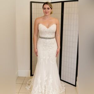 Lace Strapless Wedding Dress with beaded Silver Belt